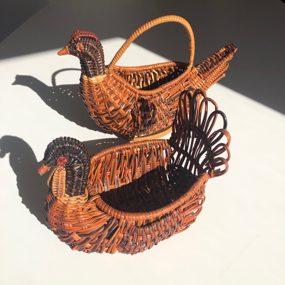 Vintage Woven Wicker Pair of Bird Baskets Set of 2 MCM Boho